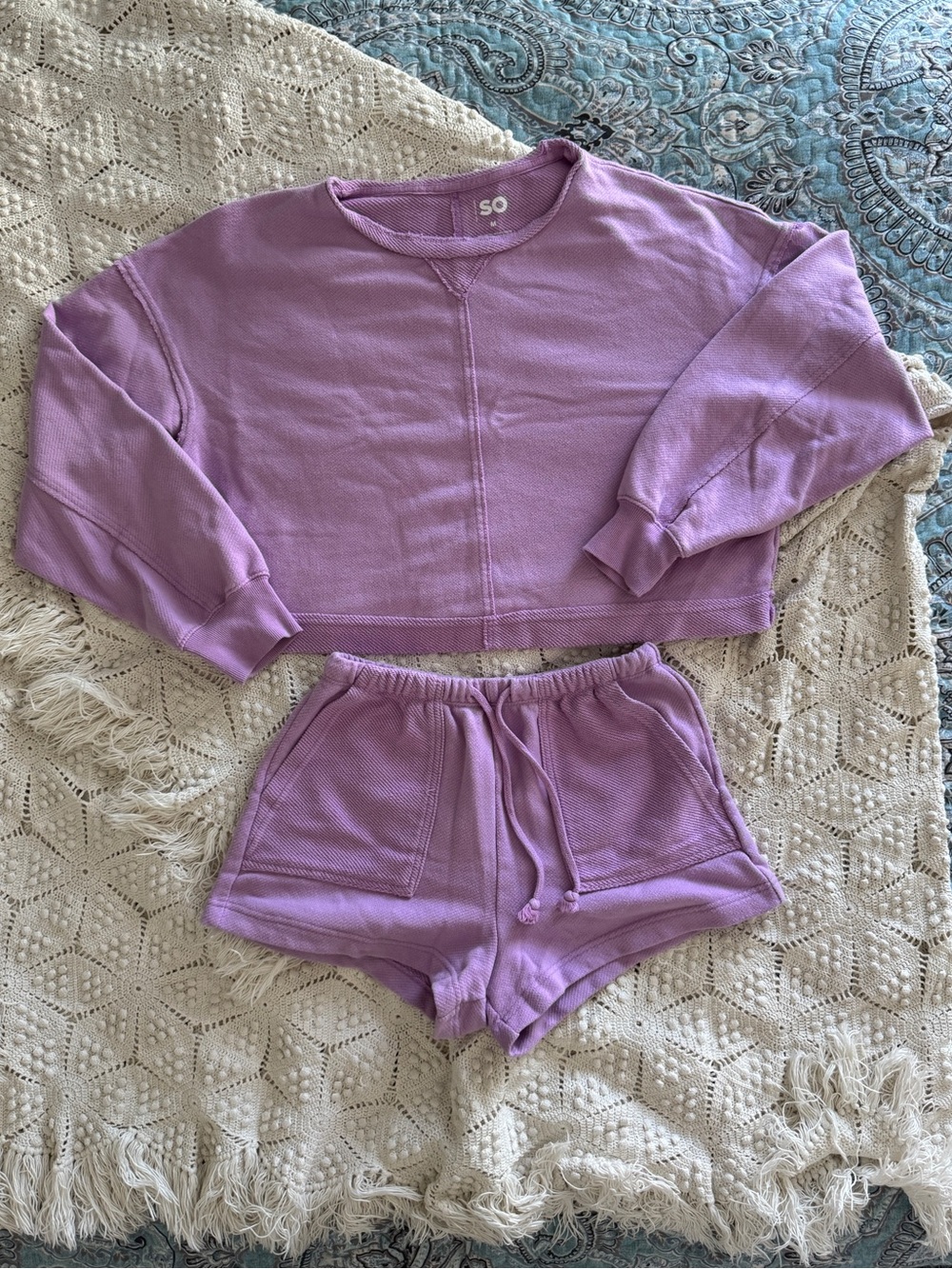 SO Lavender Waffle Knit Long Sleeve Crop Top & Drawstring Shorts Set